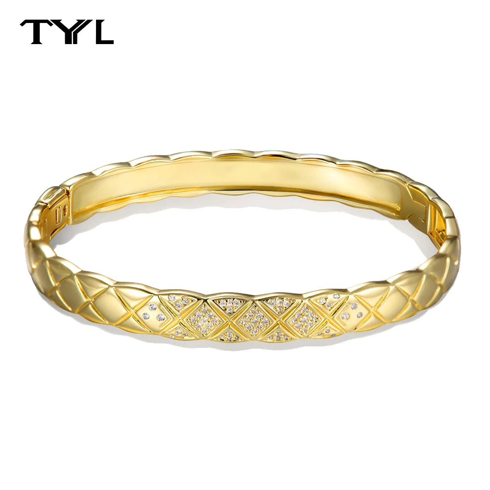 TYYL Vintage Glossy Diamond-shaped Cross Bracelet for Women Gold Plated Rhombus Zircon Quilted Surface Texture Bangle Jewelry